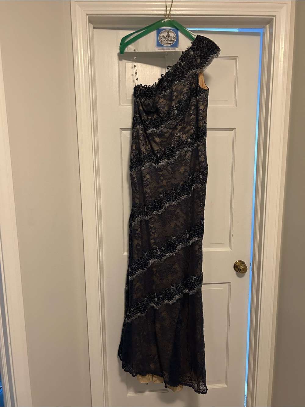 Montage by Mon Cheri Black One-Shoulder Lace Gown